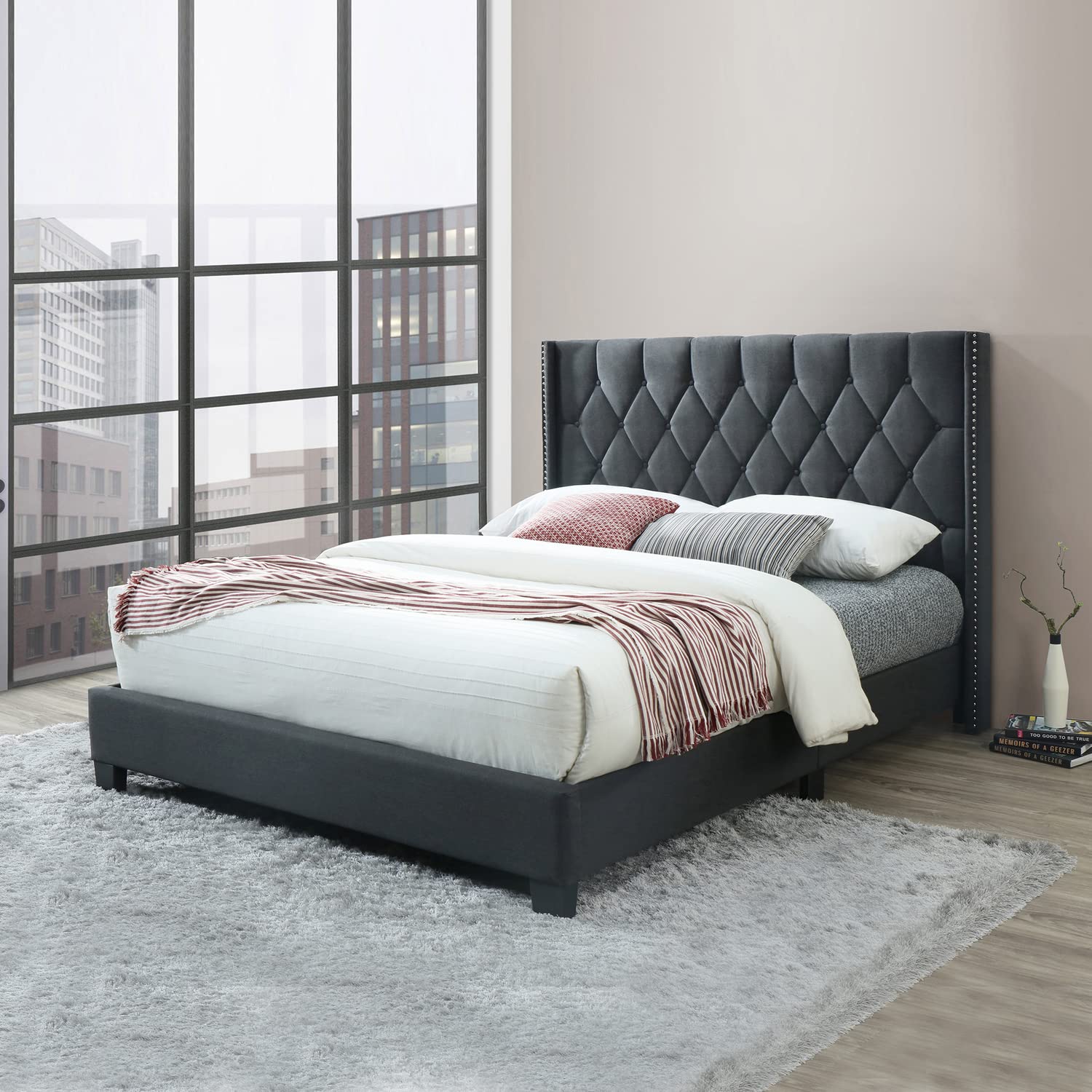 Better Home Products Amelia Fabric Tufted Queen Platform Bed in Charcoal